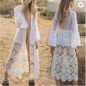 Lace Floral Crochet Embroidered Long Sleeve Drawstring Patchwork Kimono Cardigan